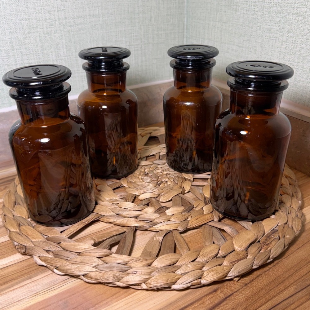 Vintage Amber Glass Apothecary Jars 250ml with Stopper Lids Set of 4 Brown